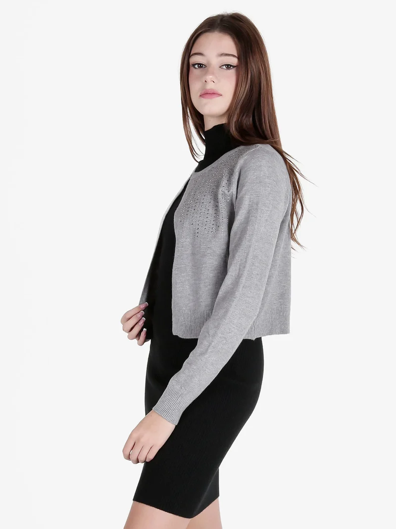 Cardigan aperto da donna in maglia con strass - grigio