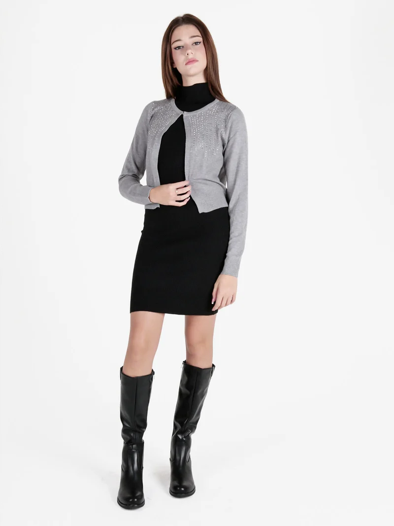 Cardigan aperto da donna in maglia con strass - grigio