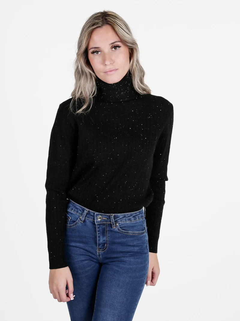 Maglia dolcevita da donna a trecce con micropaillettes luccicanti - nero