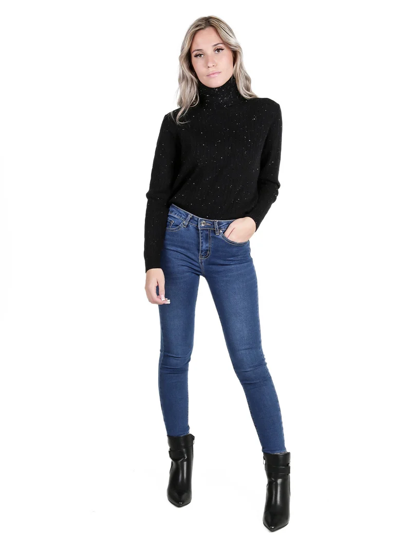 Maglia dolcevita da donna a trecce con micropaillettes luccicanti - nero