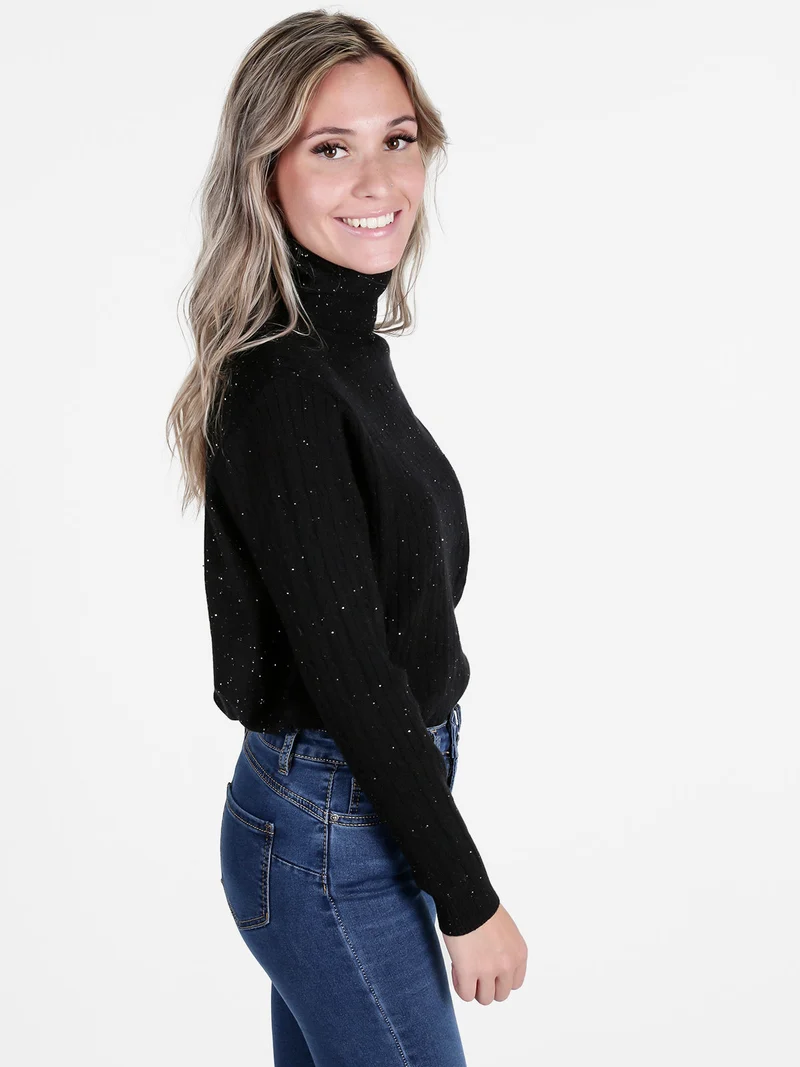 Maglia dolcevita da donna a trecce con micropaillettes luccicanti - nero