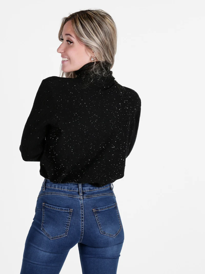 Maglia dolcevita da donna a trecce con micropaillettes luccicanti - nero