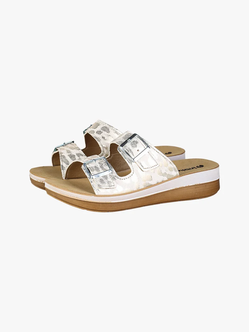 Ciabatte donna con doppia fascia animalier e fibbie - bianco