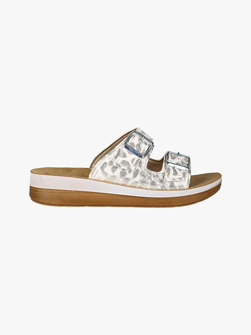 Ciabatte donna con doppia fascia animalier e fibbie - bianco