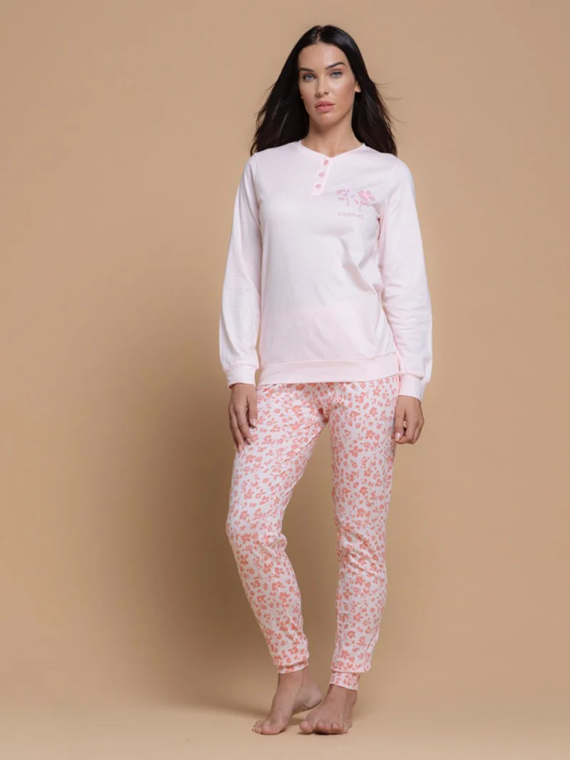 Pigiama lungo da donna in cotone con pantaloni maculati - rosa