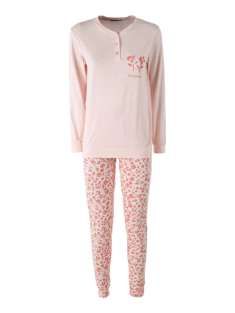 Pigiama lungo da donna in cotone con pantaloni maculati - rosa
