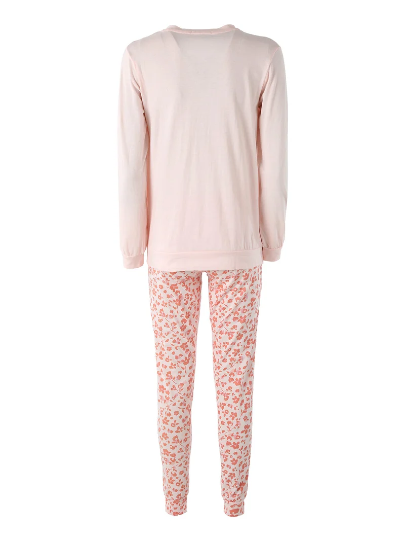 Pigiama lungo da donna in cotone con pantaloni maculati - rosa