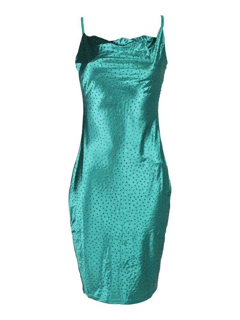 Abito donna con spalline sottili e strass - ottanio