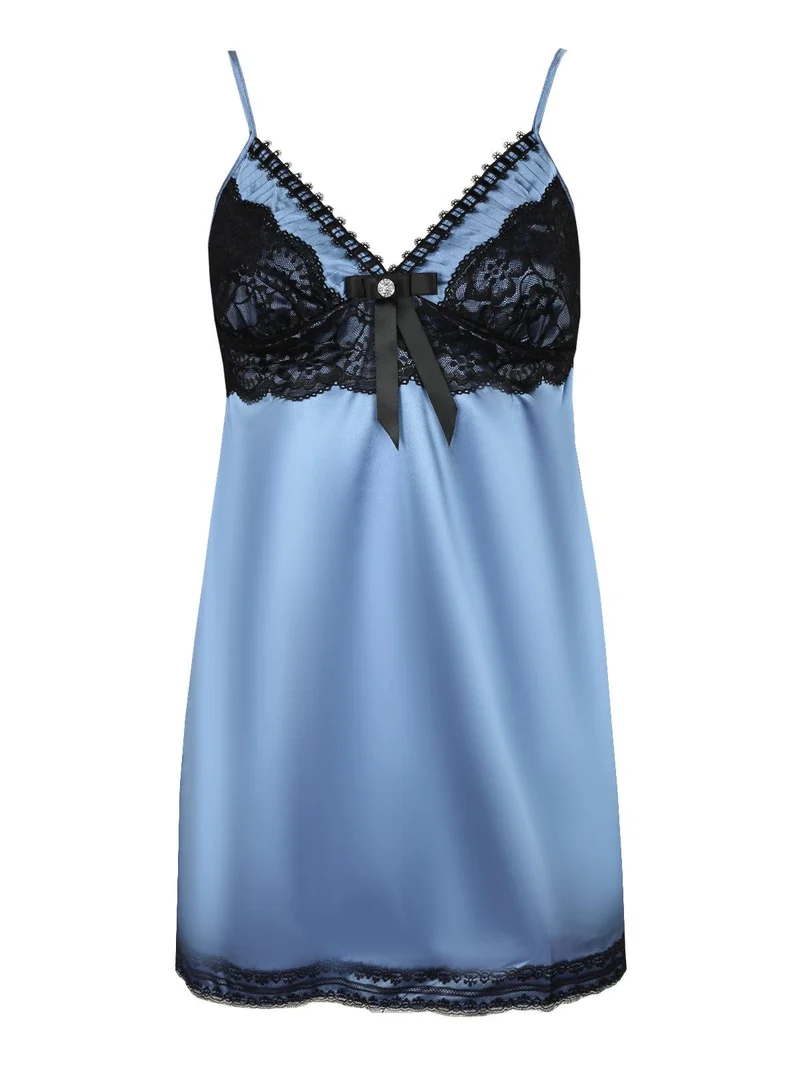 Babydoll in raso con pizzo + perizoma - blu