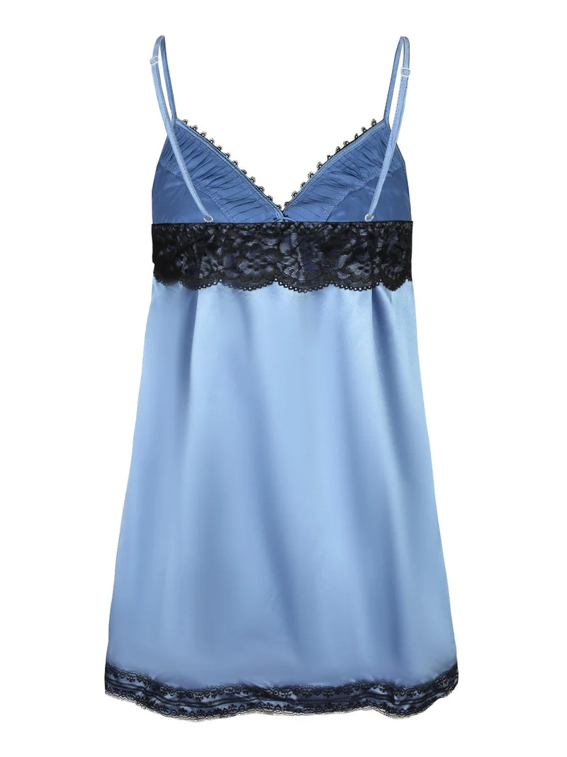 Babydoll in raso con pizzo + perizoma - blu