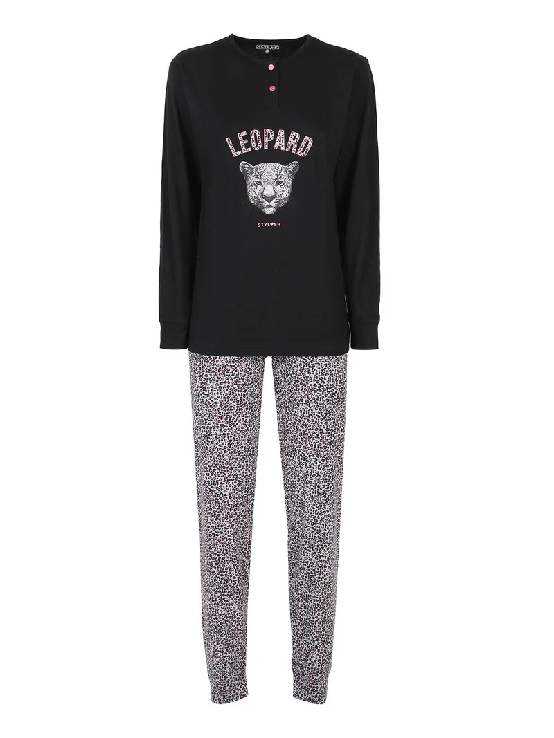 Pigiama lungo donna con pantaloni leopardati - nero