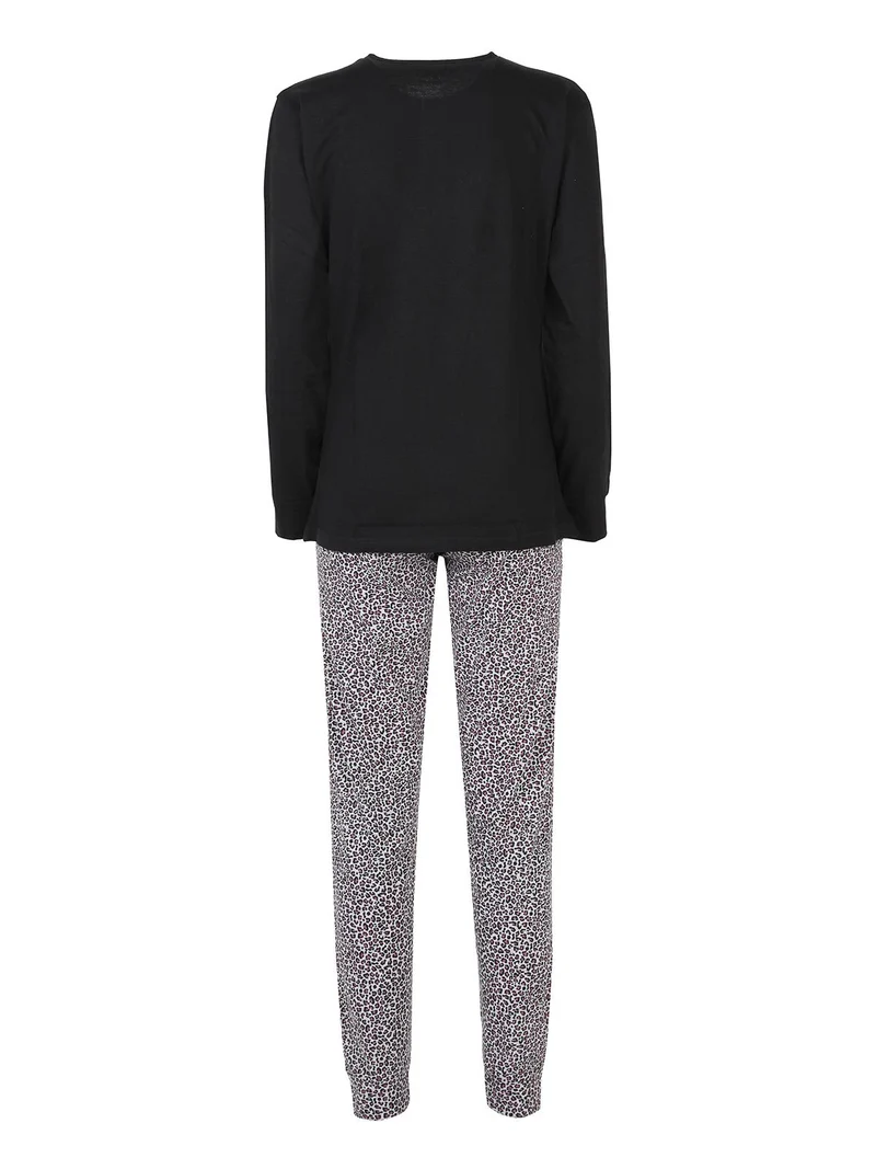 Pigiama lungo donna con pantaloni leopardati - nero