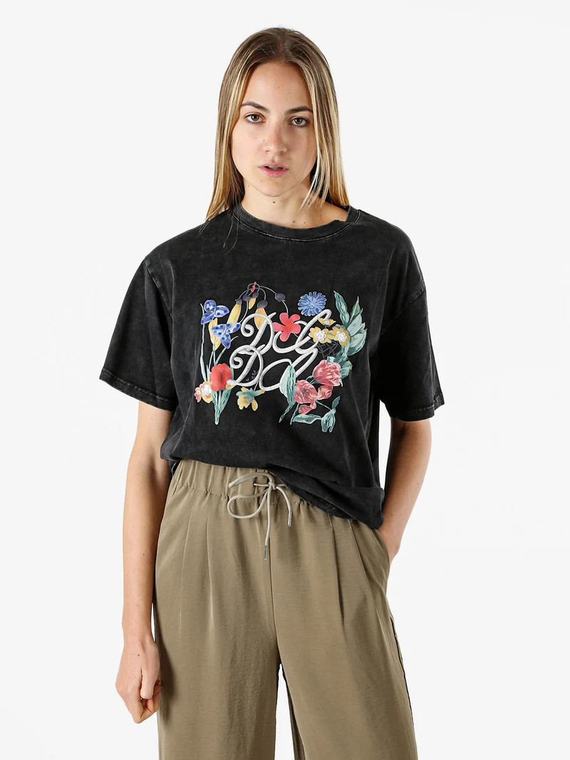 T-shirt oversize da donna in cotone con stampa fiori - nero