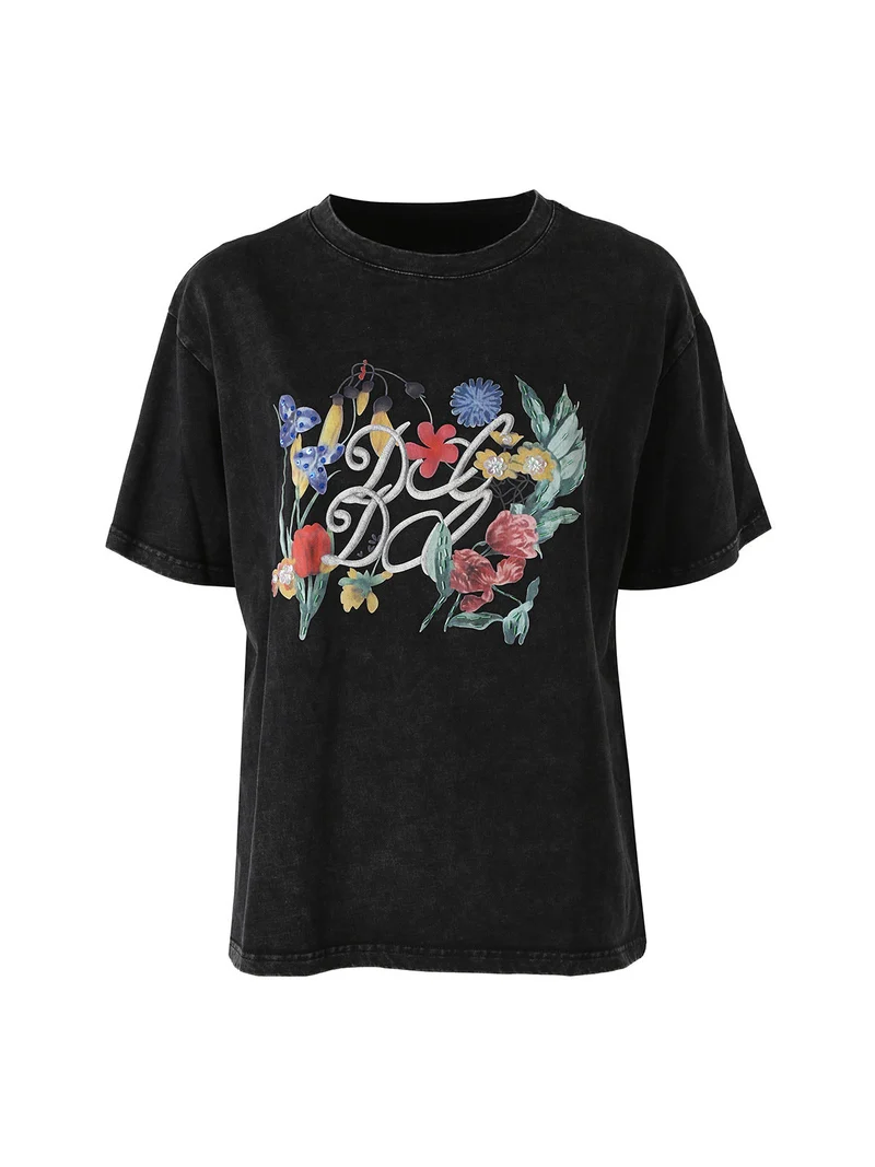 T-shirt oversize da donna in cotone con stampa fiori - nero