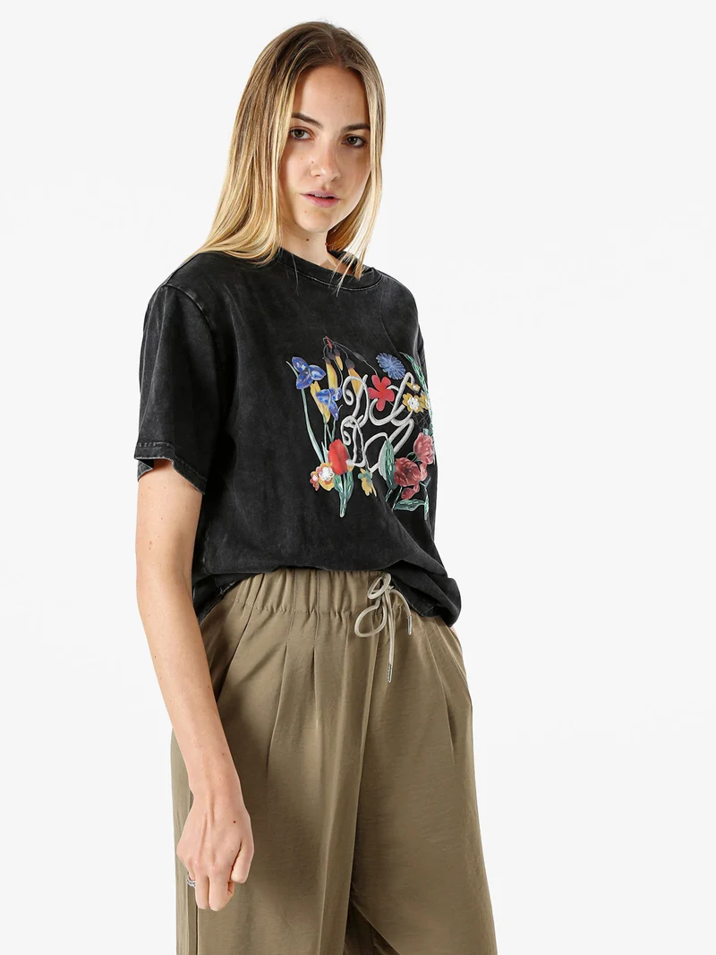 T-shirt oversize da donna in cotone con stampa fiori - nero
