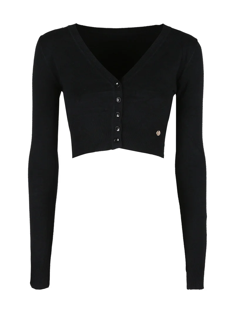 Cardigan crop da donna in maglia - nero