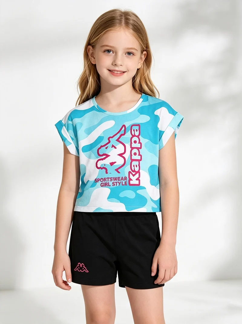Completo corto da ragazza in cotone con t-shirt mimetica e shorts - turchese