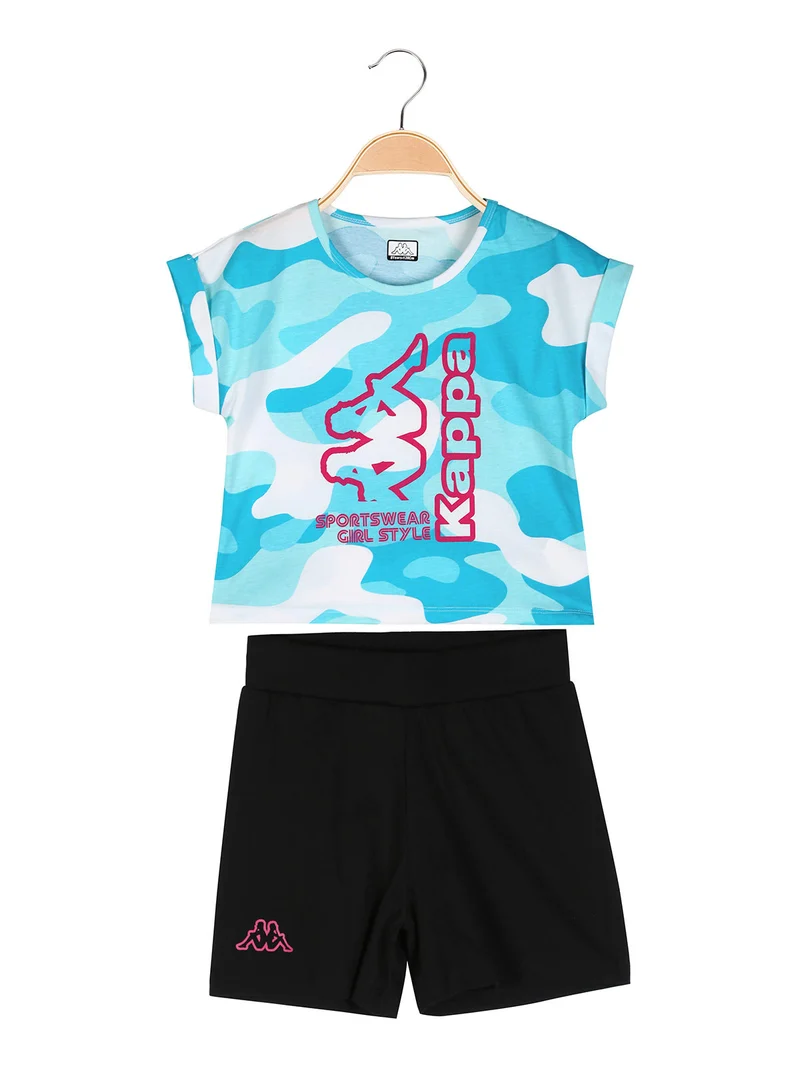 Completo corto da ragazza in cotone con t-shirt mimetica e shorts - turchese