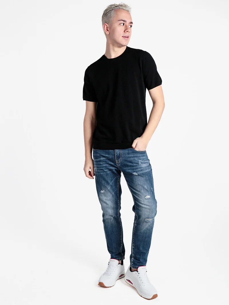 T-shirt girocollo da uomo in maglia - nero