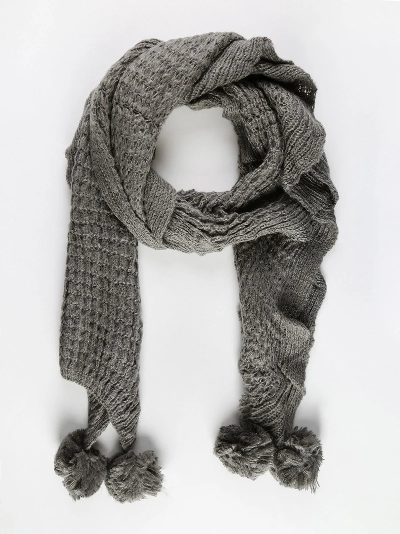 Sciarpa misto lana con pompon - grigio