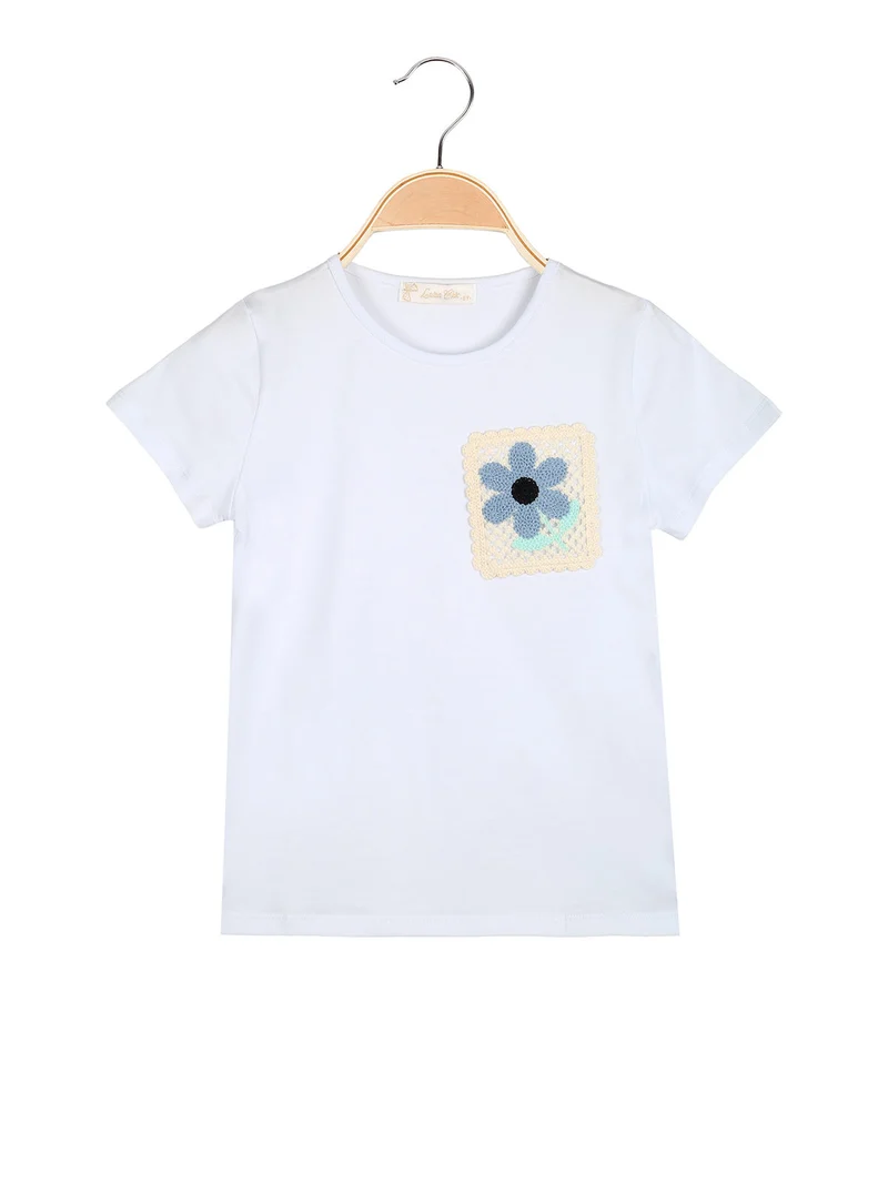 T-shirt da bambina in cotone con toppa in macramè - bianco