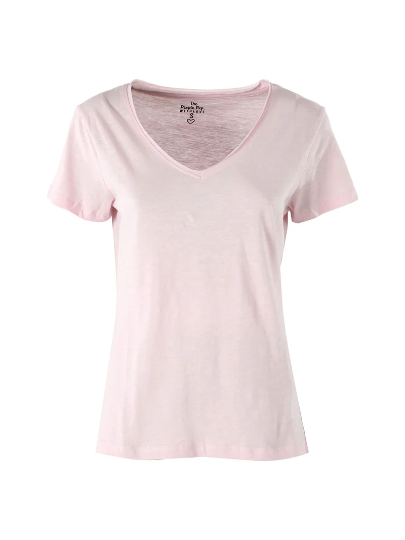T-shirt donna in cotone con scollo a V - rosa
