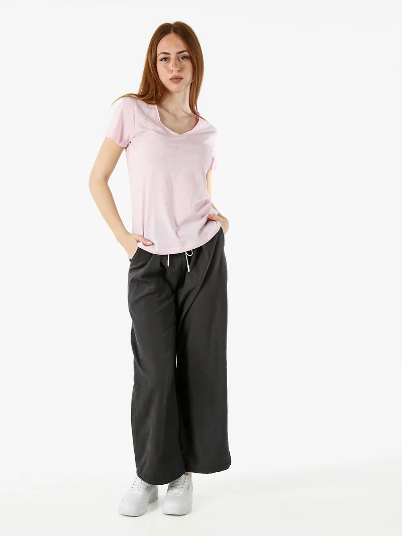 T-shirt donna in cotone con scollo a V - rosa