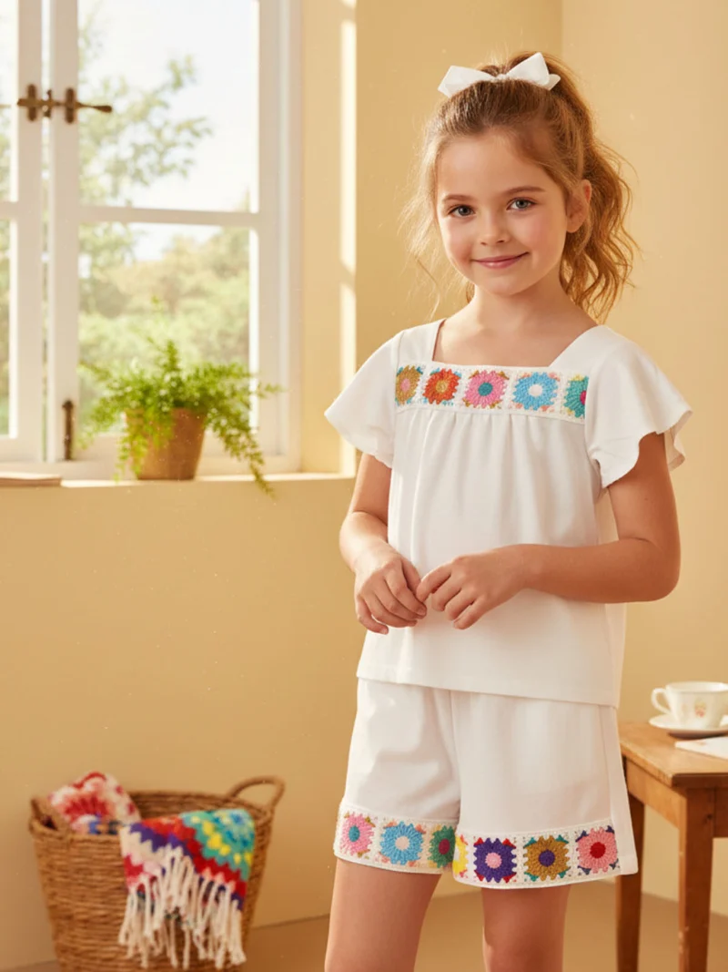 Completo corto da bambina in misto cotone e lino con t-shirt e shorts ricamati - bianco