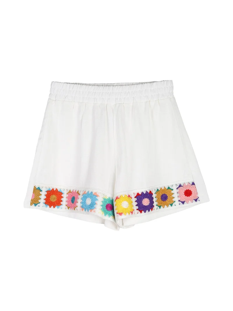 Completo corto da bambina in misto cotone e lino con t-shirt e shorts ricamati - bianco