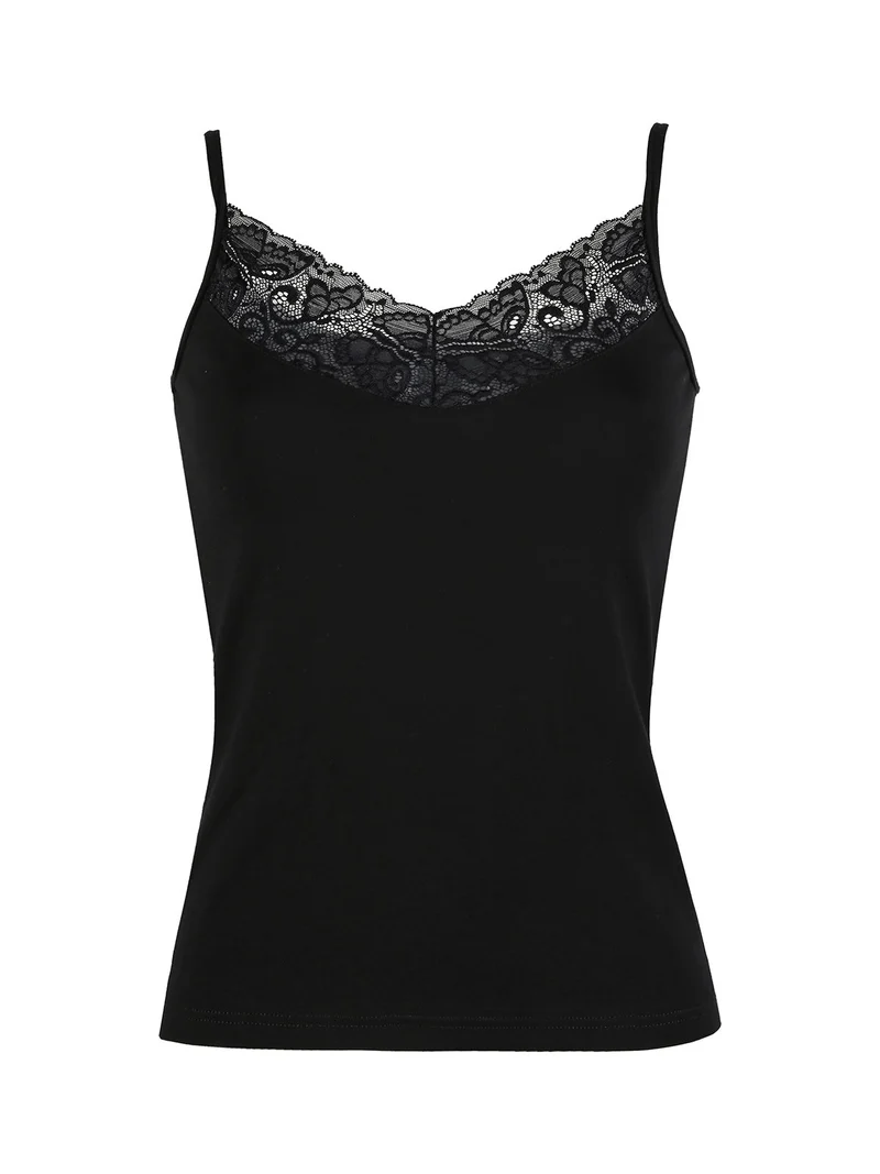 Top donna con spalline sottili in cotone bielastico - nero