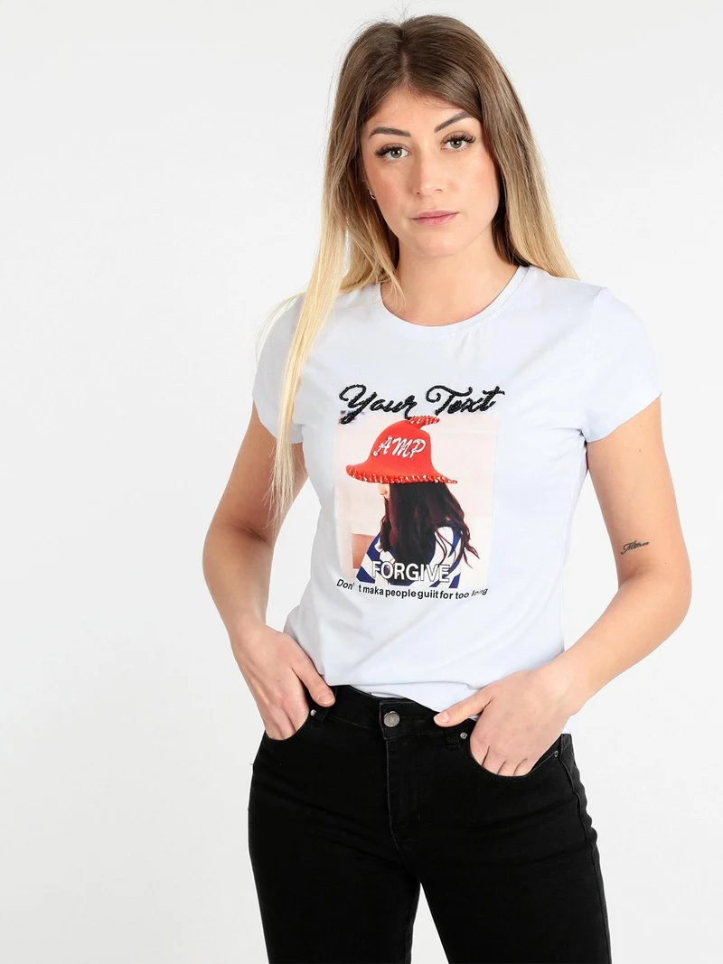T-shirt donna con disegno e perline - bianco
