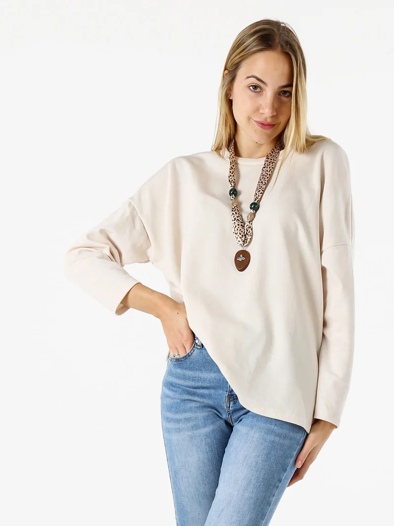 Felpa oversize da donna in misto cotone con collana - beige