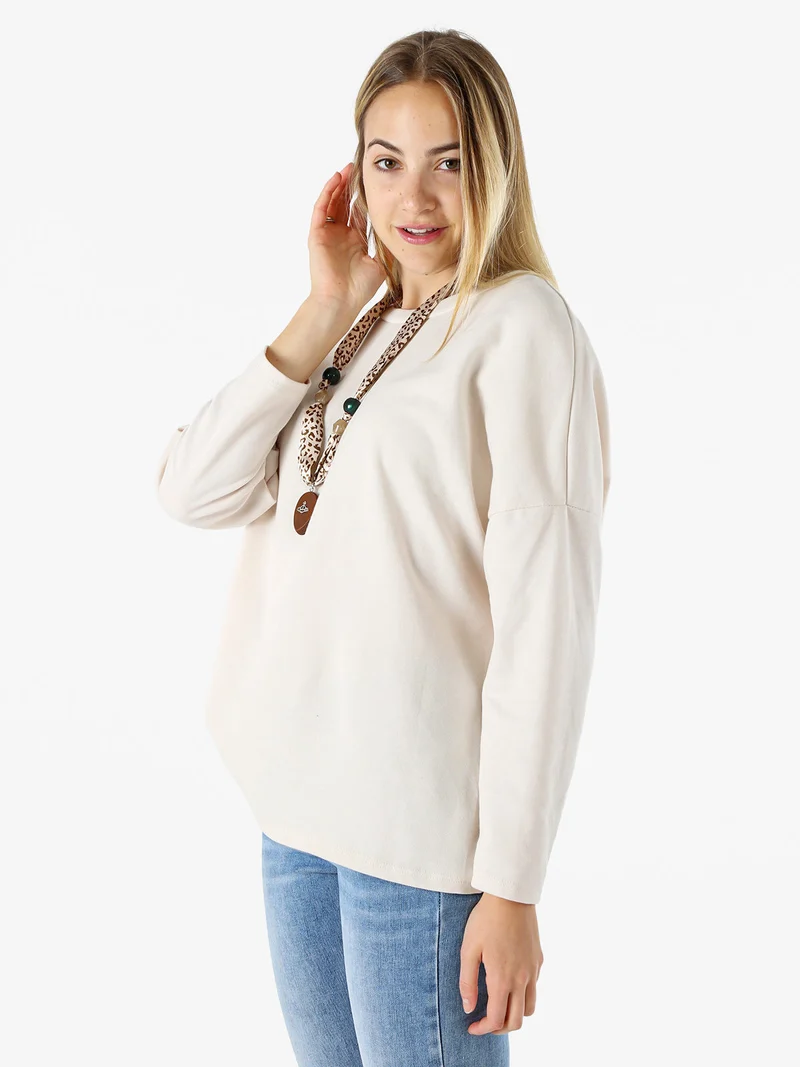 Felpa oversize da donna in misto cotone con collana - beige