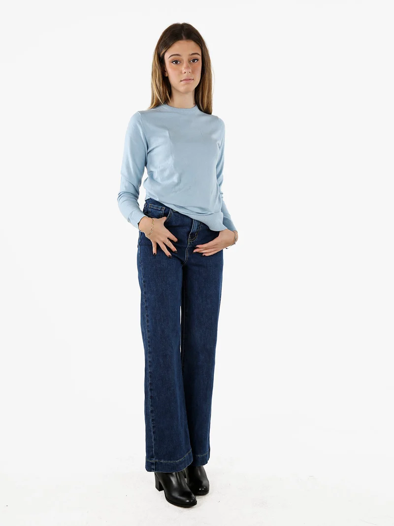 Pullover girocollo da donna in maglia tinta unita - azzurro