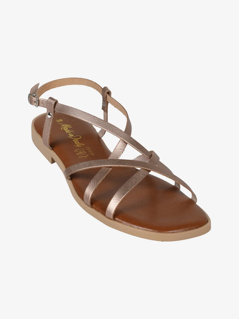 Sandali bassi in pelle da donna con fascette incrociate - champagne
