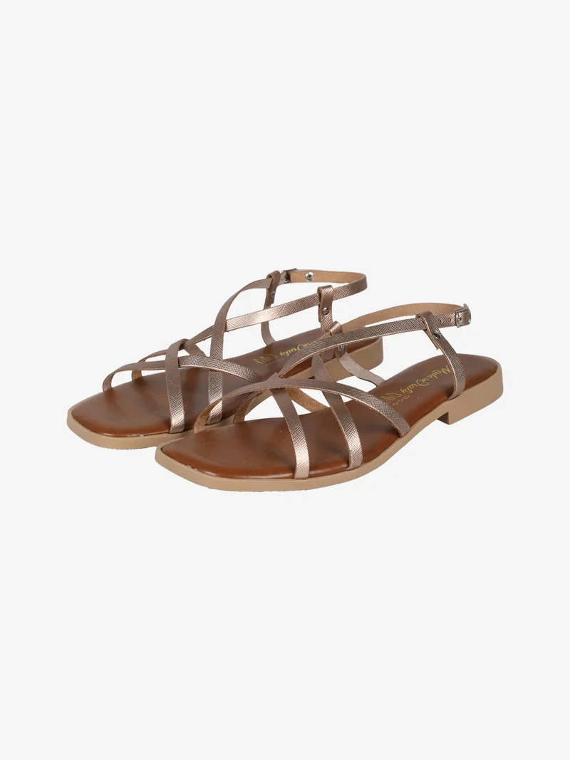 Sandali bassi in pelle da donna con fascette incrociate - champagne