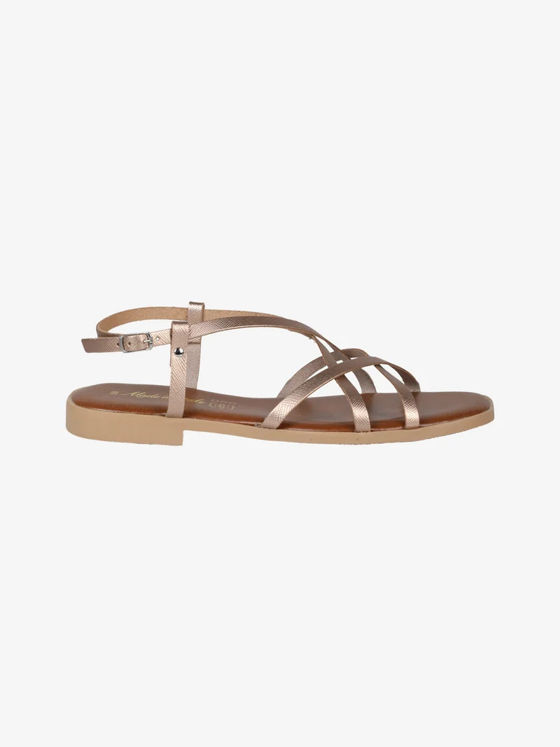 Sandali bassi in pelle da donna con fascette incrociate - champagne
