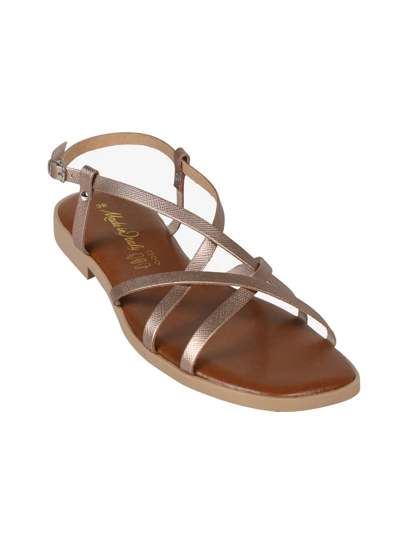 Sandali bassi in pelle da donna con fascette incrociate - champagne