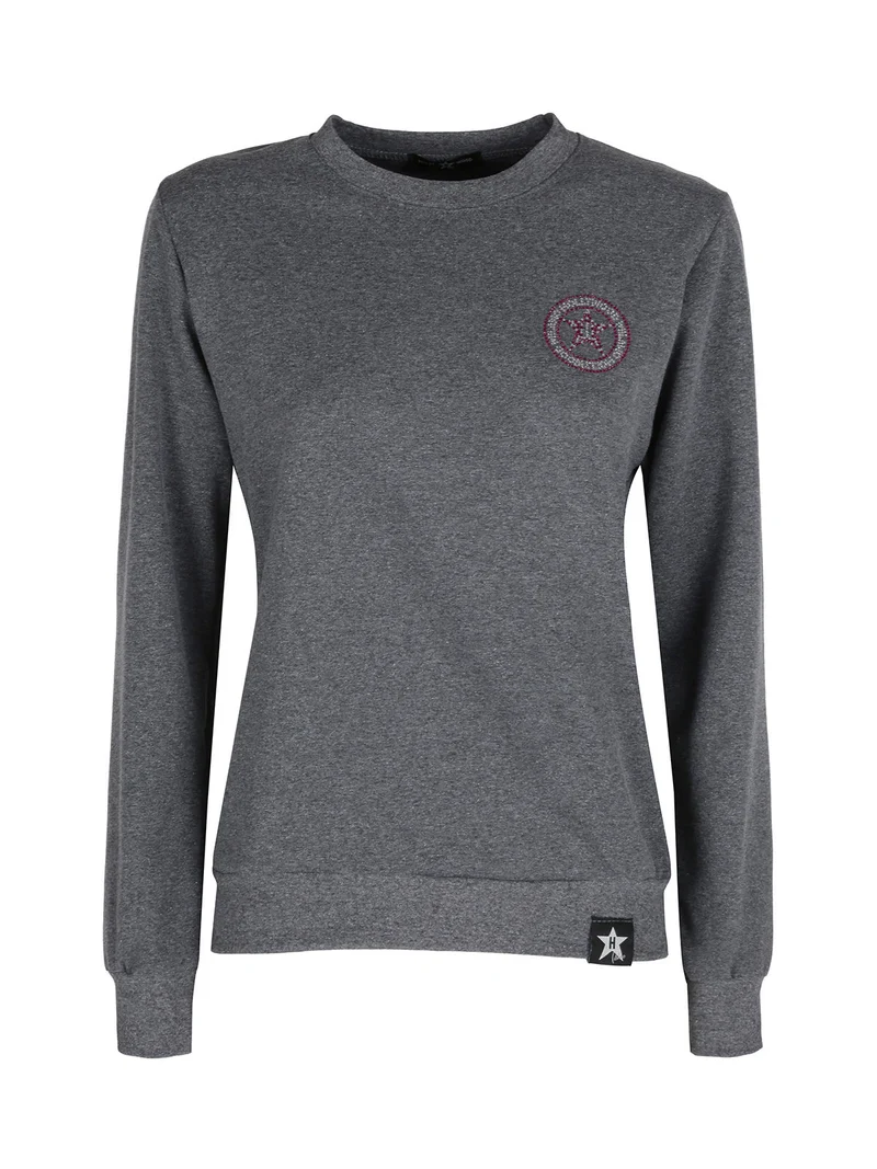 Felpa girocollo da donna sportiva con strass - grigio