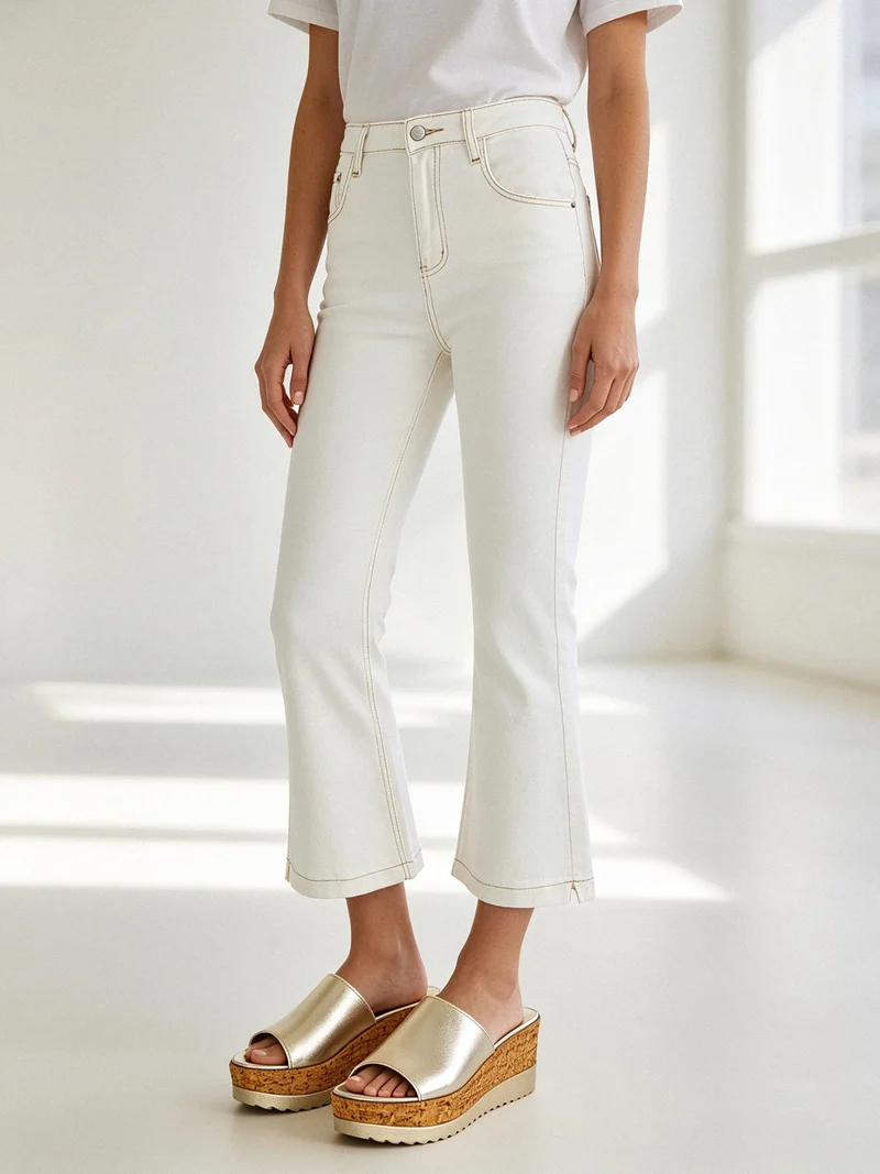 Pantaloni donna jeans cropped a zampa - panna