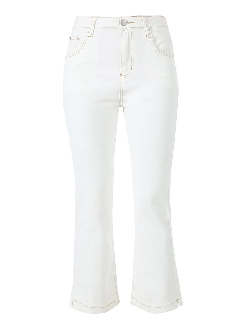 Pantaloni donna jeans cropped a zampa - panna