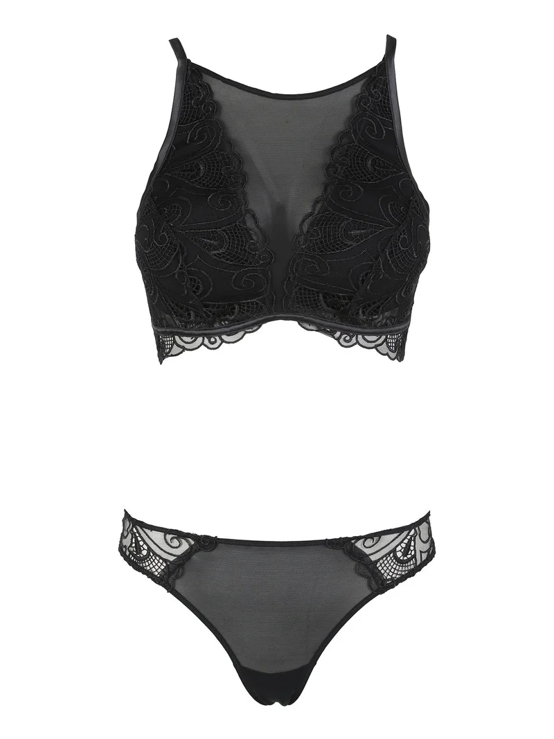 Broadway coordinato intimo da donna in pizzo e tulle con top bra + brasiliana COPPA B - nero