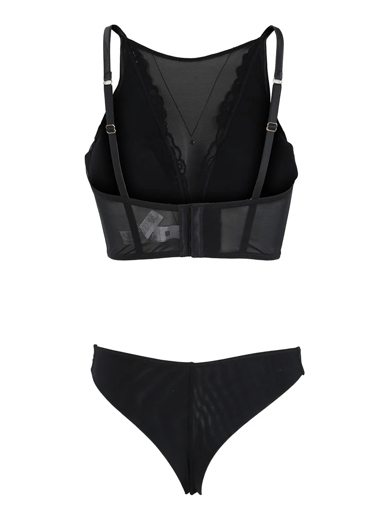 Broadway coordinato intimo da donna in pizzo e tulle con top bra + brasiliana COPPA B - nero