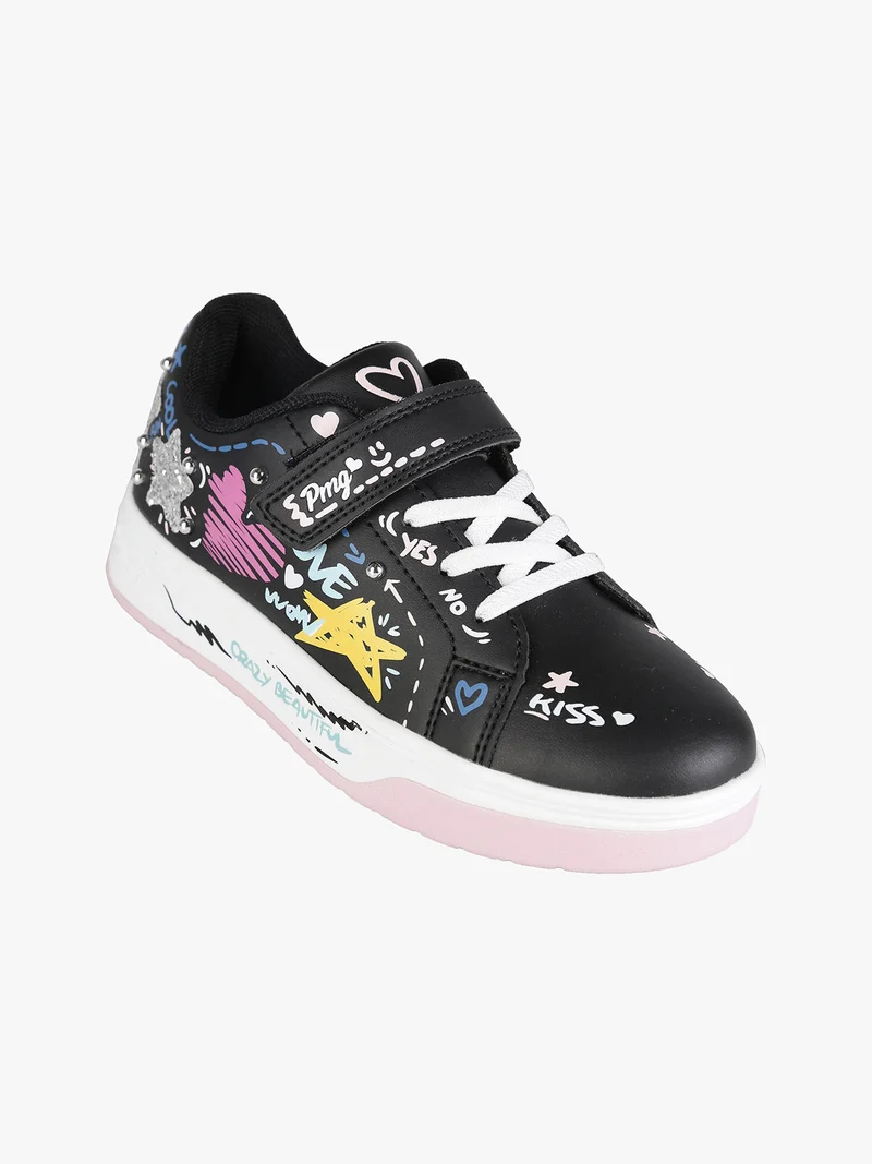 Sneakers da ragazza con stampe disegni e cinturino a strappo - nero