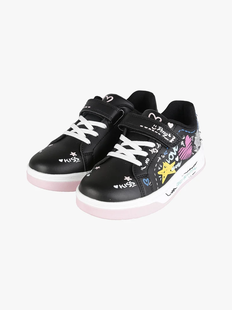 Sneakers da ragazza con stampe disegni e cinturino a strappo - nero