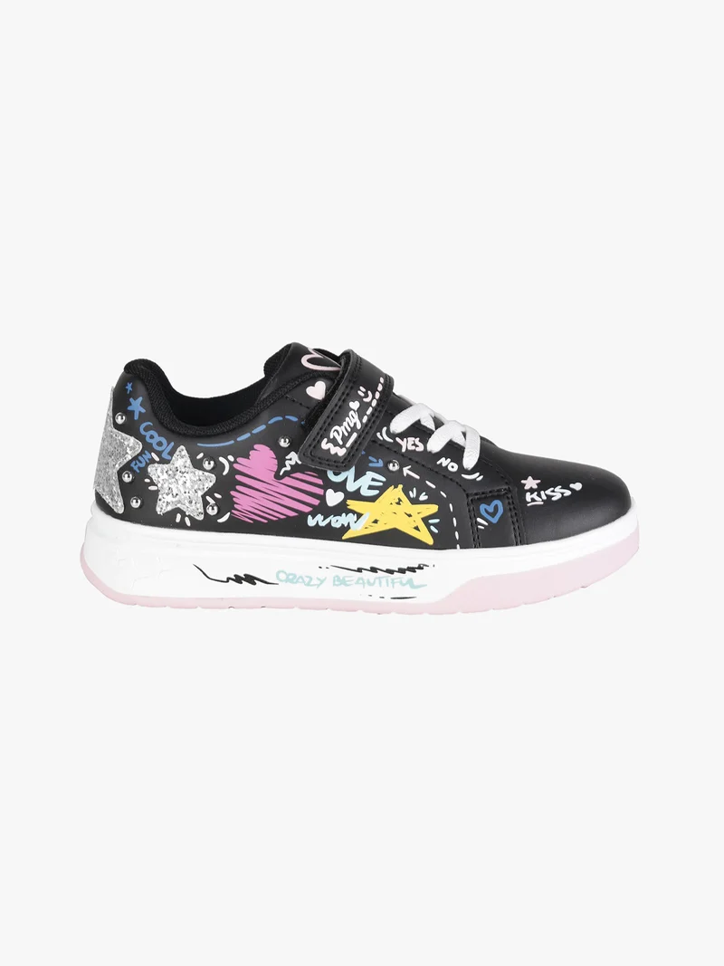 Sneakers da ragazza con stampe disegni e cinturino a strappo - nero