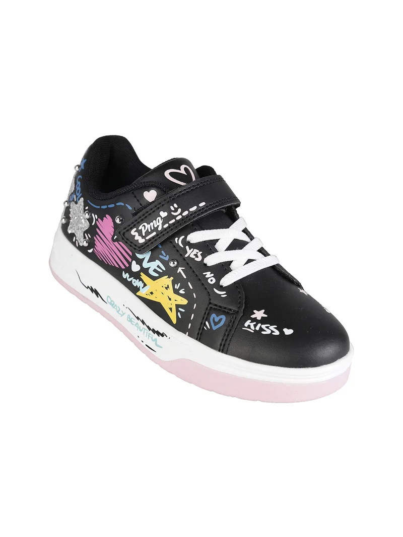 Sneakers da ragazza con stampe disegni e cinturino a strappo - nero