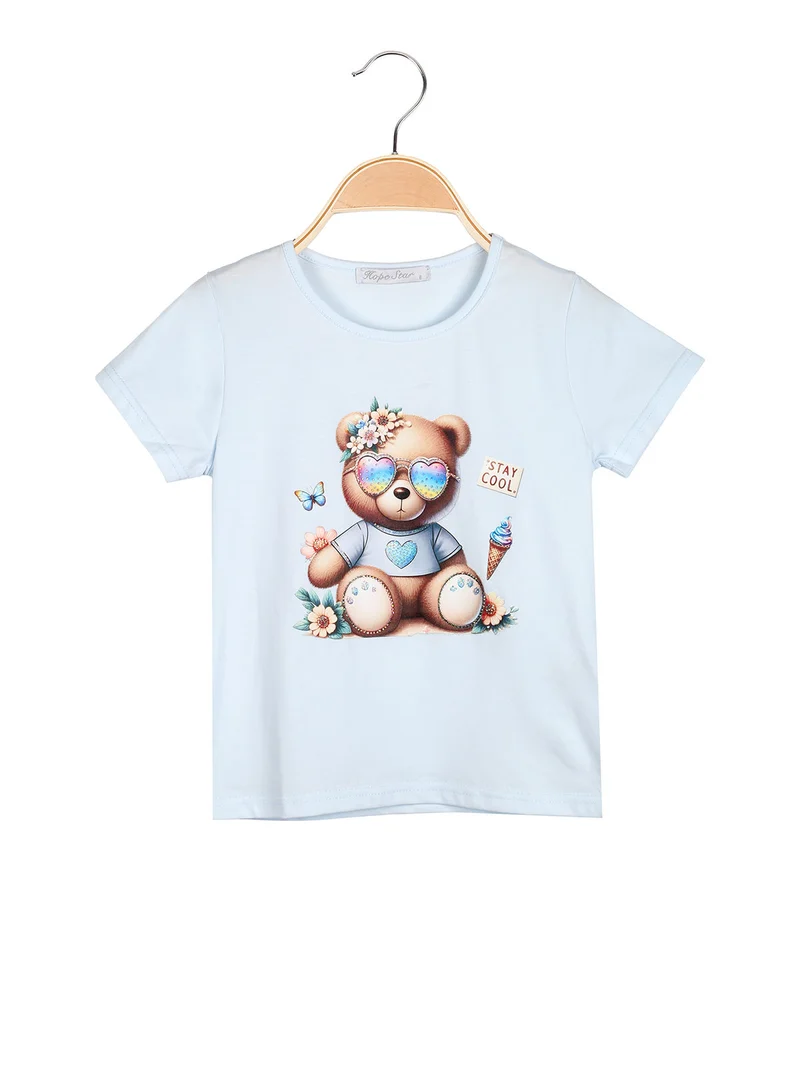 T-shirt da bambina in cotone con stampa disegno e strass - azzurro