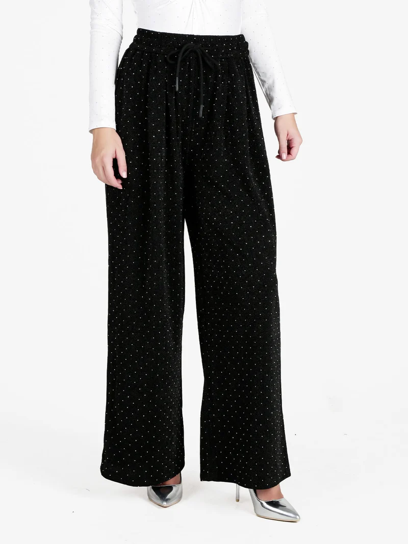 Pantaloni eleganti da donna a gamba larga con strass - nero