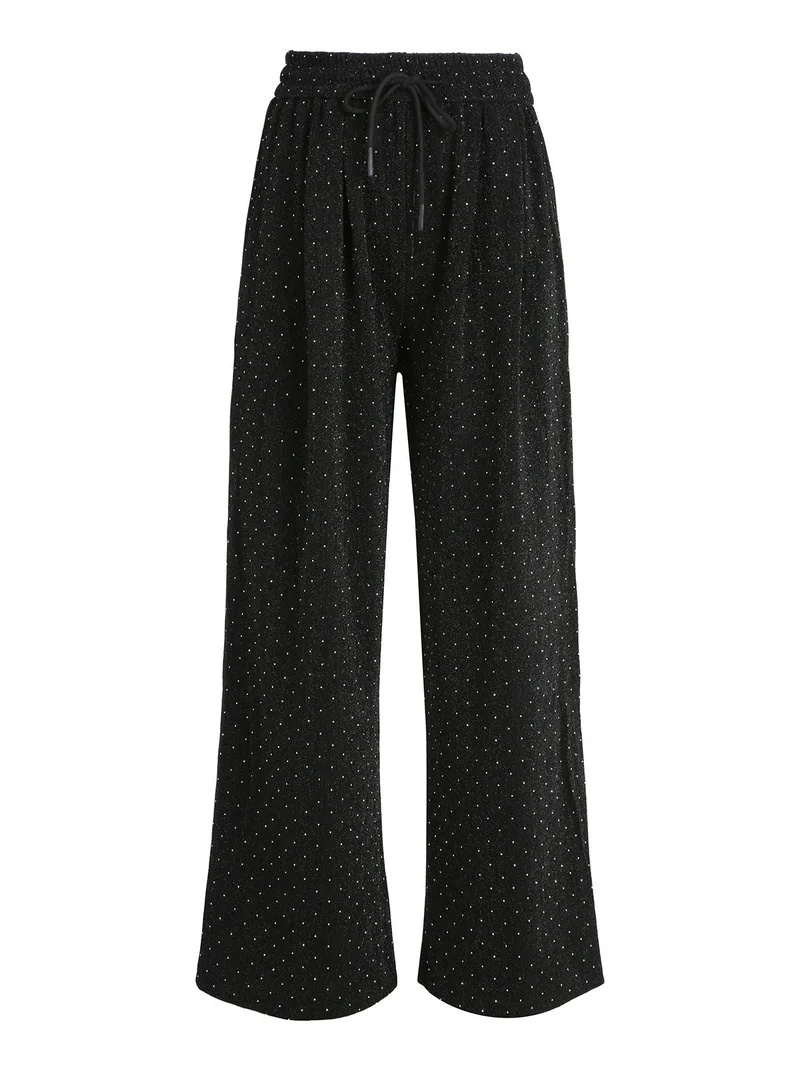 Pantaloni eleganti da donna a gamba larga con strass - nero